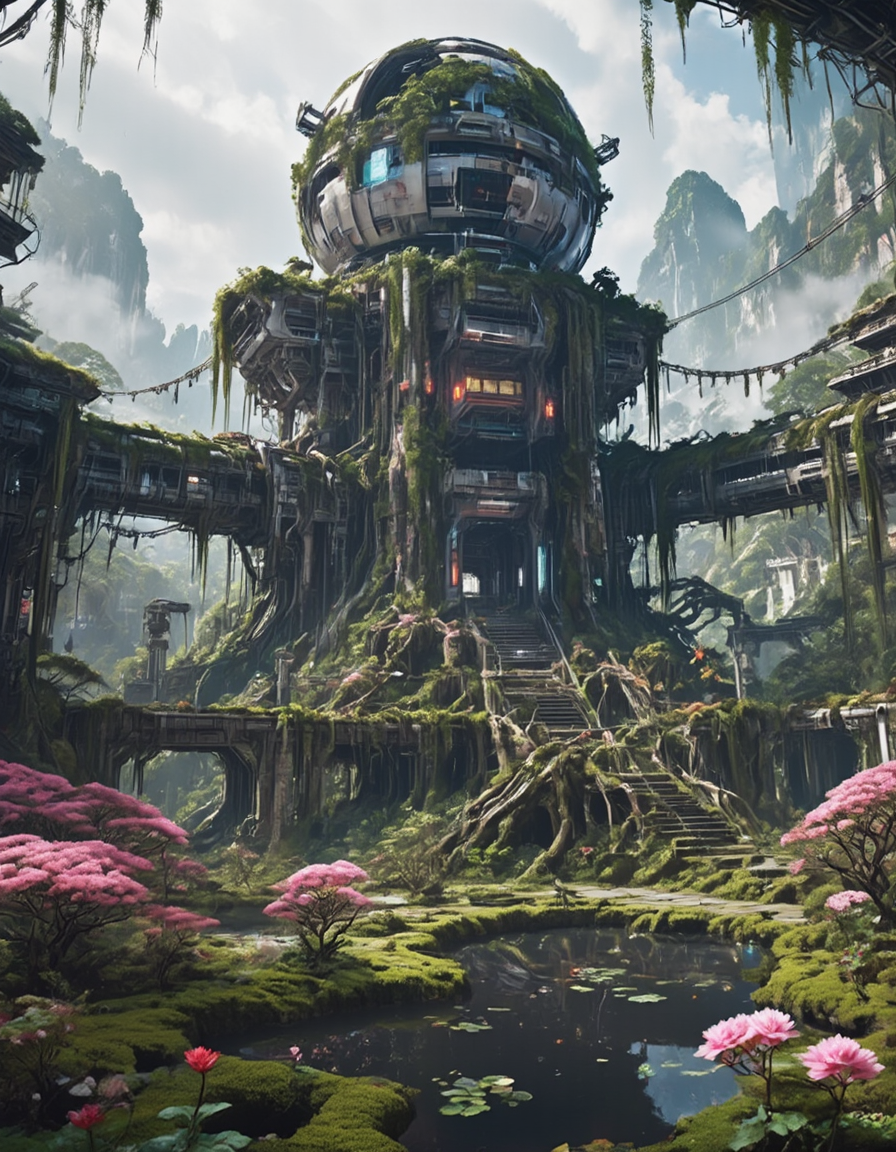 <lora:SWL_Stations1flux:1> lostst1, photo, big station, impressive scientific complex, flowers, abandoned, metallic, ruins, moss, grass, broken, pond, lights, cyberpunk, science fiction, clouds, field of view, jungle, giant roots, wet atmosphere, rainy, humid, old, wires, under a broken dome, mountains, stairs, above an old temple, giant roots, vegetation, cherry blossoms, pink flowers, old asian temple, broken machinery