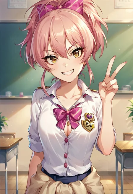 score_9, score_8_up, score_7_up, source_anime,jougasaki mika, yellow eyes, pink hair, 1girl, solo, smile, bow, hair bow, grin, clothes around waist, looking at viewer, v, button badge, badge, classroom