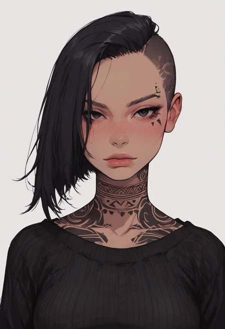 score_9, score_8_up, score_7_up, high detailed, high quality, masterpiece, no text,
quality highlights, 8k detail,
detailed background, source_anime,
dynamic view, hentai, ultra-detailed,
...
1girl, (((solo))), female focus, expressiveh,
(18 years old), ((black eyes)),
(black hair), (short hair), ((shaved side haircut)),
beauty face, seductive, face freckles,
gorgeous, seductive,
(hourglass body), (small breasts), short body,
(((bare neck))), (fit body),
(incredibly sexy), dynamic pose,
((tribal black tattoos)), ((facial tattoo)),
...
(black sweater), ((bare neck)), collarbone,
closed mouth, posing, eyes wide,
(((upper body))), front view, standing,
arms at sides, focus on face,
...
(((white background)))
