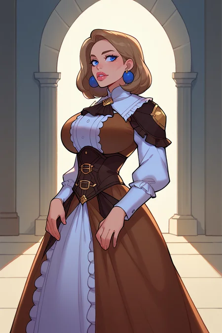 score_9, score_8_up, score_7_up, BREAK, lips,<lora:thepit-guy-PONYv1:1>, 1girl, solo, large breasts, <lora:mercedes-pdxl-nvwls-v1:0.95> hopesMercie, blue eyes, medium hair, earrings, brown dress, ascot, corset, long dress