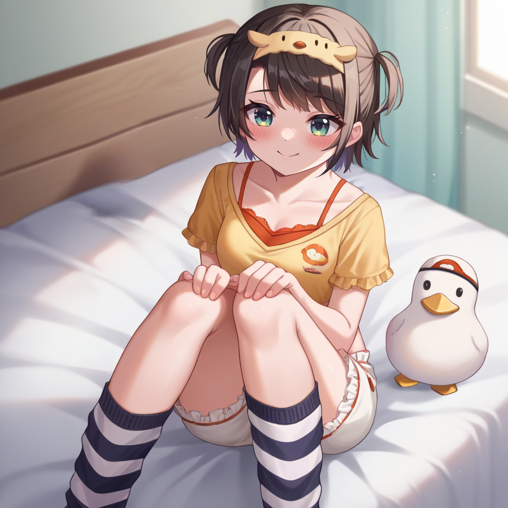 score_9, score_6_up, source_anime, 1girl, solo, on bed, sitting, knees together, hands on own knees, subaru_lounge, mask on head, yellow shirt, bra, midriff, white shorts, frilled shorts, two side up, striped socks, light smile, blush, duck<lora:shubashubaXL-05:1>