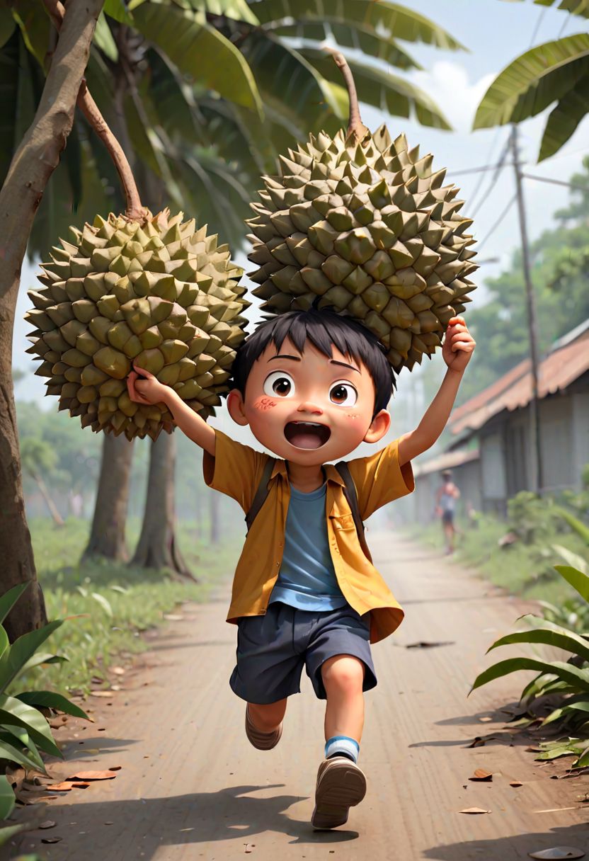 The story tells of a boy, chubby and with little hair, who was running with a large durian. His old mom chased him with a wooden stick because she feared for her son's safety. Although the boy cried out in fear, his mother actually acted out of love for her son. This story illustrates the bond of love between a mother and child.