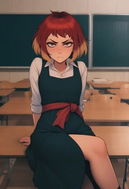 masterpiece,best quality,amazing quality, PHTBG, photo background, 1girl, multicolored hair, freckles, dress, sash, sitting, classroom, scowl, looking at viewer