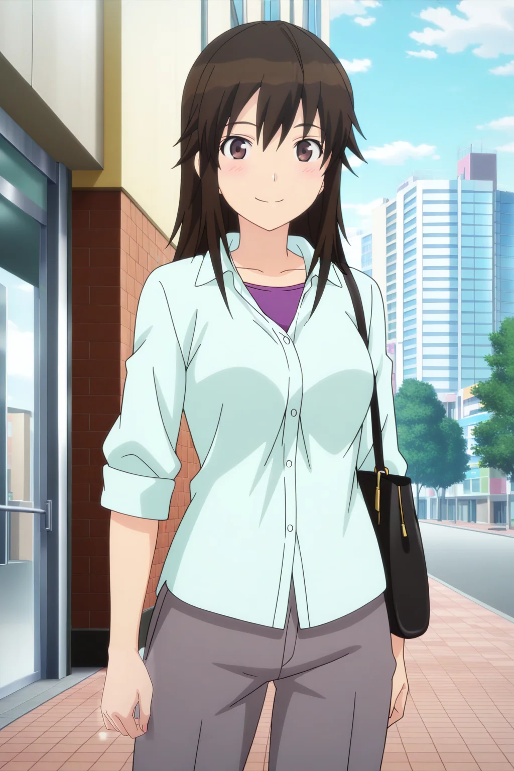 anime screenshot, miyamae tooru, 1girl, solo, black hair, long hair, brown eyes, medium breasts, aqua shirt, dress shirt, collared shirt, purple shirt, t-shirt, layered shirt, grey pants, handbag, looking at viewer, smile, cowboy shot, outdoors, city, masterpiece, best quality, high quality, highres, absurdres, <lora:miyamae_tooru_ILXL:0.9>