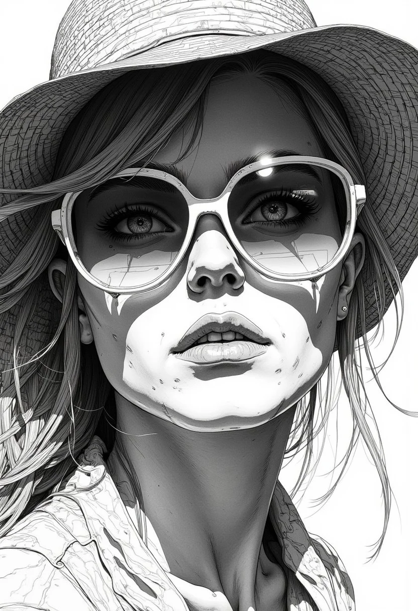 woman in sunglasses and a hat. black and white image, in the style of ray tracing, precision in details, Dmitry Kustanovich, frontal perspective, Nikola petals, close-up shots, bold and bright --ar 14:25 --stylize 750 --v 6