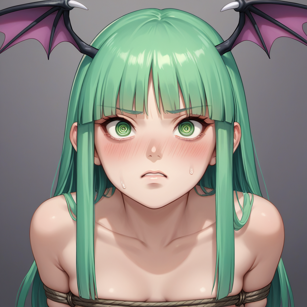 score_9, score_8_up, score_8, (source_anime), eyedetailxl, bettereyes, detailed_eyes, BREAK, Morrigan Aensland, restrained, bound wrists, blush, perfect face, 1woman, 22 years old, (bright_pupils), (ringed eyes), MorriganAe, hime_cut, emerald_green hair, green eyes, blunt bangs, close-up, focus on eyes, focus on face,