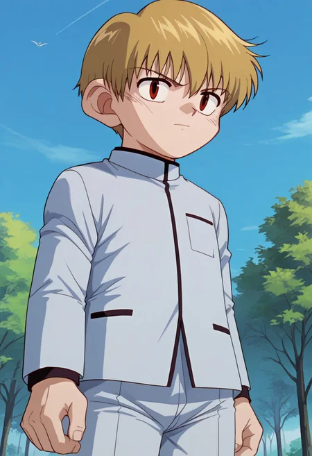 score_9, score_7_up, source_anime
okita, 1boy, male focus, solo, red eyes, blonde hair, short hair, school uniform, jacket, grey jacket, long sleeves, pants, grey pants,
outdoor, sky, tree
