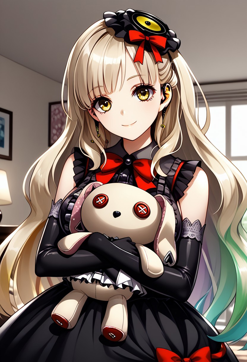 ((living room)), ((looking at viewer)), 1girl, solo, detailed eyes, high definition eyes, eyesHD, high gradient eyes, ((standing)), ((large breasts)), smile, closed mouth, ((Mayu)), very long hair, blonde hair, gradient hair, multicolored hair, ((yellow eyes)), light blonde fades to rainbow hair, black hat, black gothic dress, sleeveless dress, ((medium dress)), elbow gloves, black gloves, red bow, jewelry, earphones, earrings, stuffed bunny, stuffed toy, stuffed animal, doll, ((holding toy)), ((holding doll))