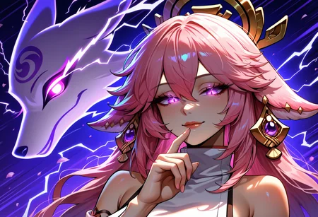 masterpiece, best quality, newest, absurdres, highres, <lora:YaeMiko_illusXLNoobAI_Incrs_v1-000013:1>, animal ears, floppy ears, pink hair, hair between eyes, purple eyes, large breasts, hair ornament, earrings, jewelry, sidelocks, japanese clothes, nontraditional miko, turtleneck, flower knot, floral print, bare shoulders, white shirt, sleeveless shirt, electricity, glowing, finger to mouth, fingernails, lips, glowing eyes, cherry blossoms, purple background, upper body, speed lines, motion lines, eye trail, looking at viewer, hand on own chin, fox ghost, light smile, seductive, half-closed eyes,