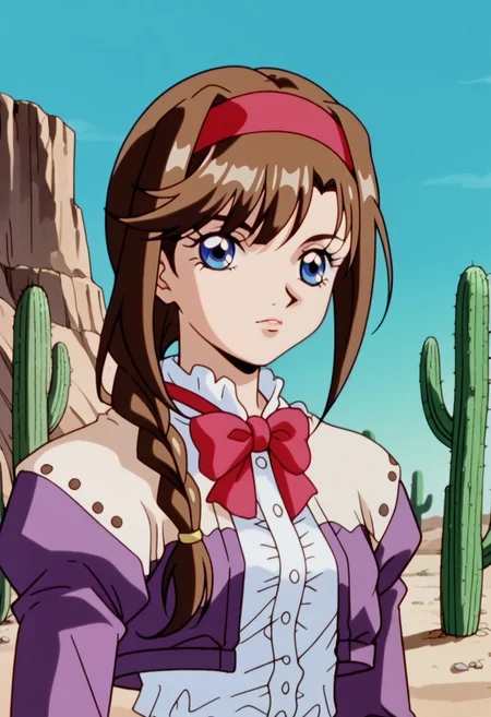 score_8, score_8_up, score_7_up, AWGXS, anime screenshot, retro artstyle,1990s (style), cel animation BREAK 1girl, female focus, solo, Virgina_WA, brown hair, hair intakes, asymmetrical hair, braid, single braid, bangs, Blue eyes, red hairband, hairband, bowtie, red bowtie, white blouse, blouse, purple jacket, jacket, cropped jacket, juliet sleeves, upper body, outdoors, desert, cactus, canyon, blue sky,