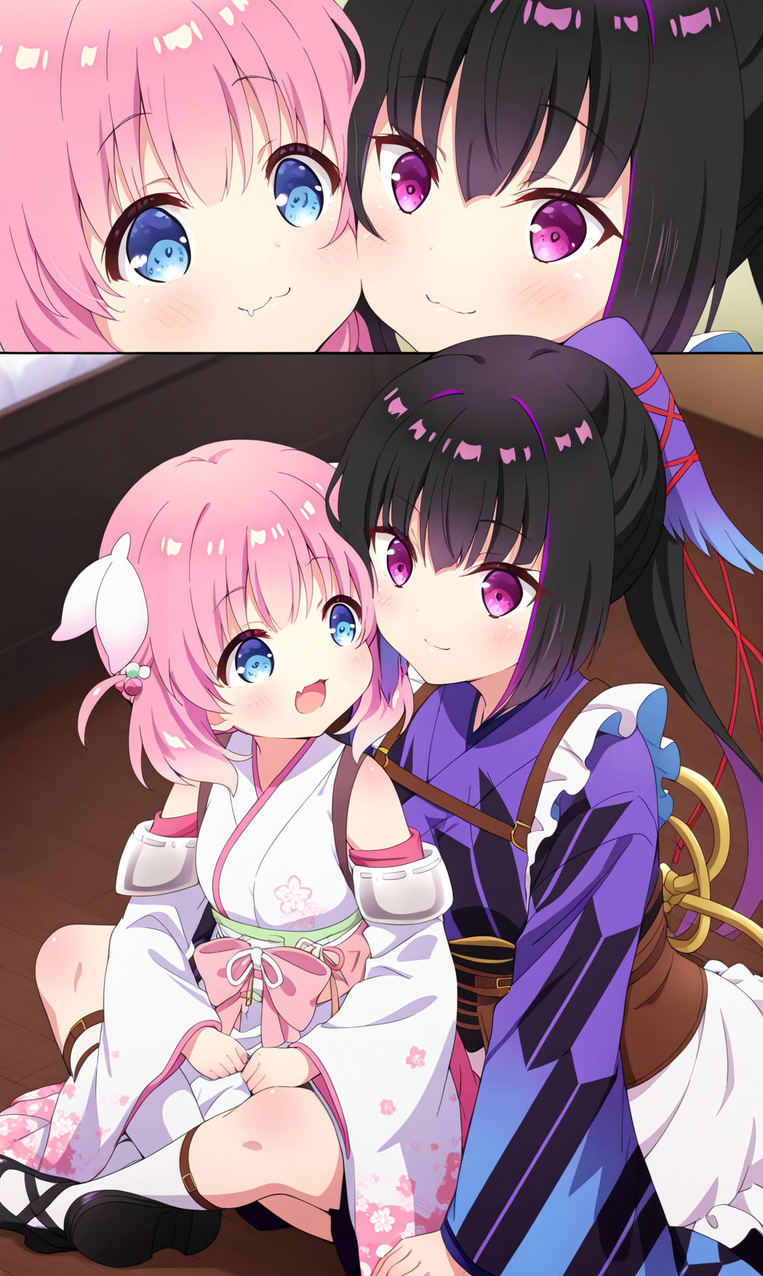 masterpiece, best quality, close-up, zzhaizakura, zzKarasuba, 2girls, multiple girls, soles, looking at viewer, blush, face-to-face, fang, :d, kneeling, on floor, multcolored hair, japanese clothes, black hair, long hair, arm support, purple hair, wooden floor, skin fang, wa maid, cheek-to-cheek, leg lock, thighs, :3, looking at viewer, pink hair, short hair, hug from forward, smile, bow, bare shoulders, detached sleeves, japanese clothes, hair ornament, long sleeves, apron, purple eyes, ponytail, blue eyes, kimono, wide sleeves, kimono, blurry, sash, blurry background, obi, floral print, pink bow, white kimono, sleeveless kimono, upper body, maid, maid apron, wide sleeves, socks, black footwear, frills, corset, ribbon, all fours, shoes, white apron, closed mouth, open month, height difference frilled apron, skirt, age difference, long sleeves, indoors, purple kimono, standing, 