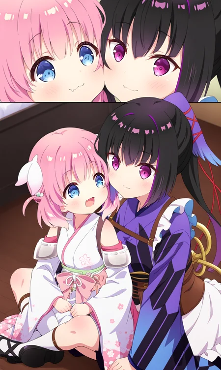 masterpiece, best quality, close-up, zzhaizakura, zzKarasuba, 2girls, multiple girls, soles, looking at viewer, blush, face-to-face, fang, :d, kneeling, on floor, multcolored hair, japanese clothes, black hair, long hair, arm support, purple hair, wooden floor, skin fang, wa maid, cheek-to-cheek, leg lock, thighs, :3, looking at viewer, pink hair, short hair, hug from forward, smile, bow, bare shoulders, detached sleeves, japanese clothes, hair ornament, long sleeves, apron, purple eyes, ponytail, blue eyes, kimono, wide sleeves, kimono, blurry, sash, blurry background, obi, floral print, pink bow, white kimono, sleeveless kimono, upper body, maid, maid apron, wide sleeves, socks, black footwear, frills, corset, ribbon, all fours, shoes, white apron, closed mouth, open month, height difference frilled apron, skirt, age difference, long sleeves, indoors, purple kimono, standing,
