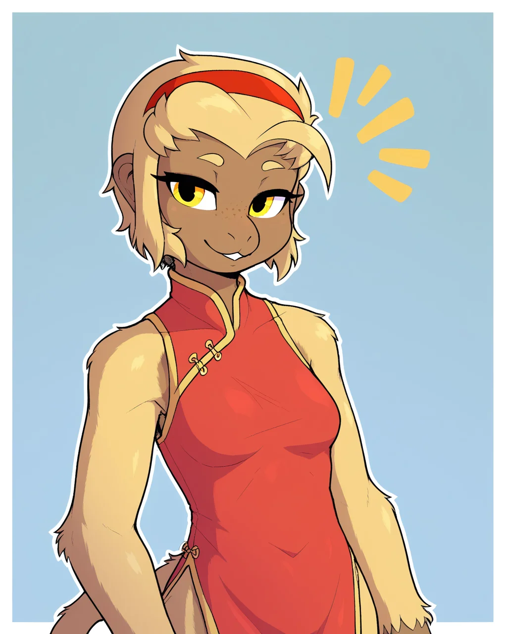 score_9_up, score_8_up, score_7_up, score_6_up, by remanedur, half-length portrait, monkey, furry female, yellow hair, multicolored body, yellow eyes, chinese dress, female, furry, hairband, tail, medium breasts,short hair, solo, happy, smile, three-quarter view, head tilt, simple background, white outline, <lora:Leah_Pines(AIM)_XL_v1:0.15> <lora:PDXL_artist_tags_v2_big:0.5> <lora:The-Minuscule-Task_PDXL_v1.0:0.6> <lora:Yang-Mei_Sewdle:0.75>