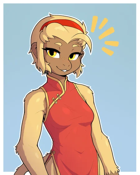 score_9_up, score_8_up, score_7_up, score_6_up, by remanedur, half-length portrait, monkey, furry female, yellow hair, multicolored body, yellow eyes, chinese dress, female, furry, hairband, tail, medium breasts,short hair, solo, happy, smile, three-quarter view, head tilt, simple background, white outline, <lora:Leah_Pines(AIM)_XL_v1:0.15> <lora:PDXL_artist_tags_v2_big:0.5> <lora:The-Minuscule-Task_PDXL_v1.0:0.6> <lora:Yang-Mei_Sewdle:0.75>