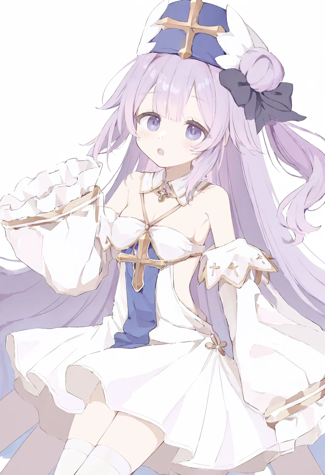 1girl,solo,unicorn/(azur lane/),purple hair,purple eyes,very long hair,single side bun,one side up,
guardianangel,hat,hair bow,white collar,white dress,white sleeves,long sleeves,white thighhighs,mitre,cape,upper body,white background,<lora:unicornx-000018:1>