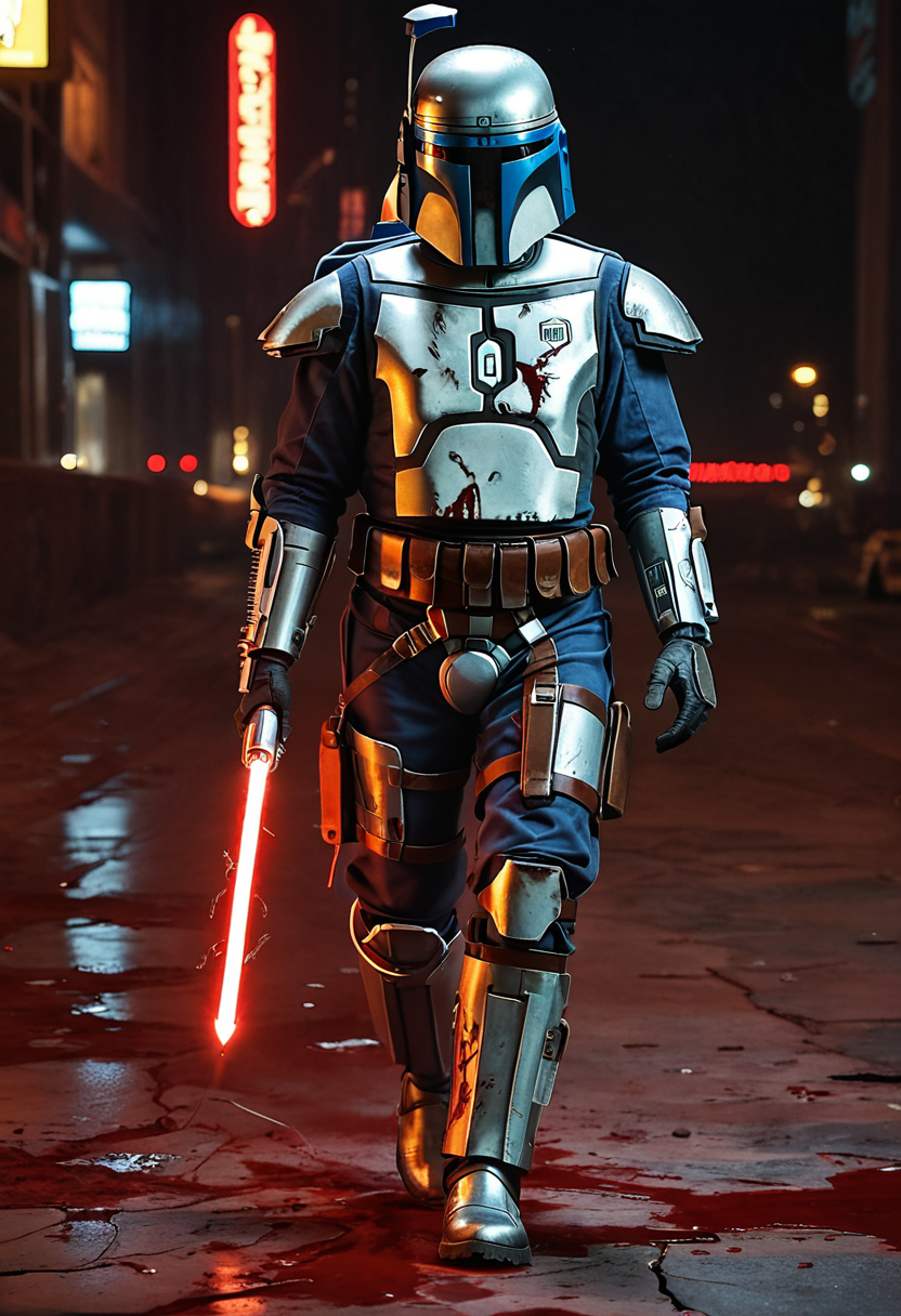 <lora:Jango-PXL:1.2> jango-pxl, jango fett, solo, black background, simple background, damaged, torn clothes, blood, neon lights, cracked floor, walking, water, blue and red theme, burning city, laser pointer projection, smoke, sparkle,, score_9, score_8_up, score_7_up, score_6_up, score_5_up, score_4_up, Cinematic photography, movie mood, cinematic light, compelling composition, storytelling elements, conveys emotion, mood, and narrative depth, creating visually striking images that feel like still frames from a film