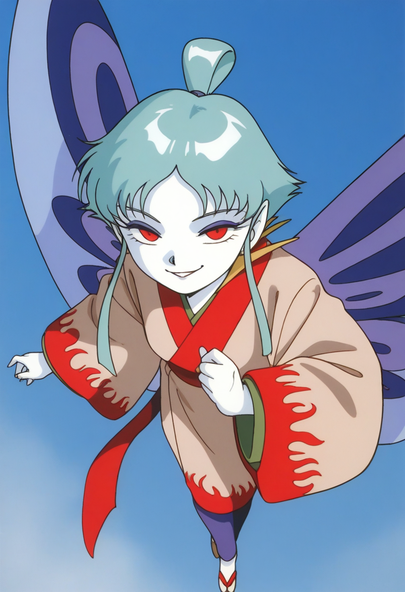 masterpiece, best quality, source_anime,official art,perfect_anatomy,1990s_\(style\),retro_artstyle,1girl,Falzeb,aqua_hair,red_eyes,white_skin,fairy_wings,japanese_clothes,kimono,long_sleeves,wide_sleeves,looking_at_viewer,evil_smile,In flight,from above,blue_sky