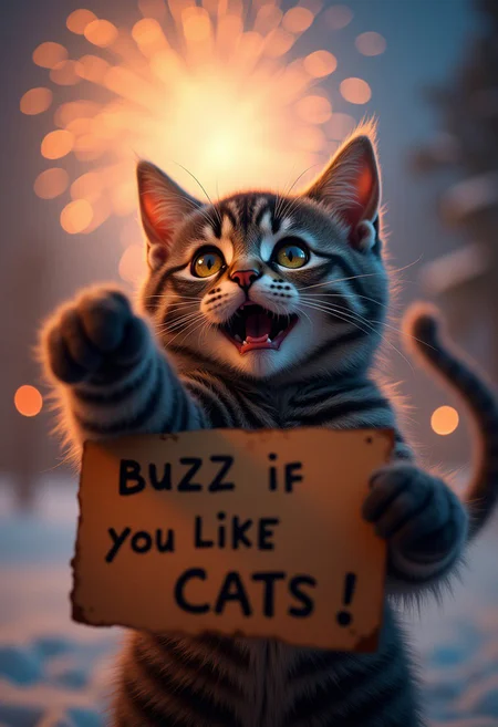 A cute cat, watching some fireworks with an over the top shocked facial expression, holding a sign it says "Buzz If You Like Cats!", realistic, cinematic shot, head tilted back, large eyes, pointing at the viewer, winter,