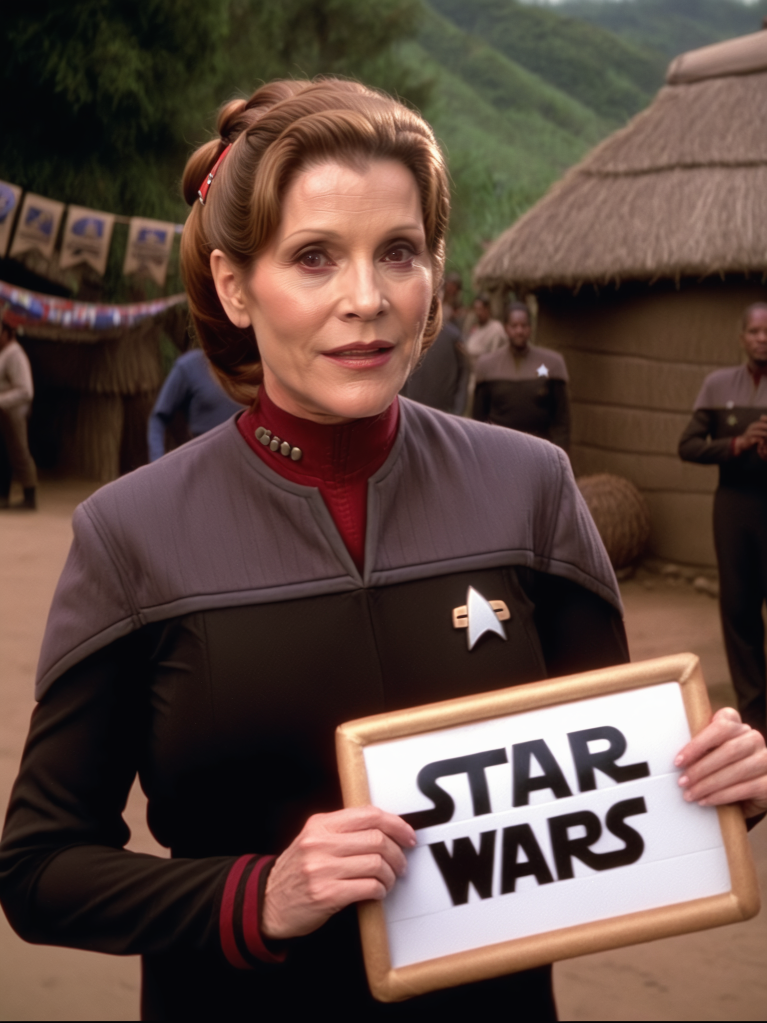 carrie fischer in black and red ds9st uniform,in a village,holding big sign with text "STAR WARS"<lora:DS9XLV21_16-000004:0.8>