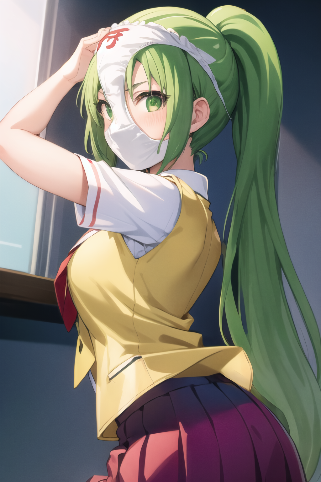 masterpiece, best quality, ultra-detailed, 1girl,  Mion Sonozaki, green hair, green eyes, ponytail, pantymask, white shirt, red necktie, yellow vest, red skirt,