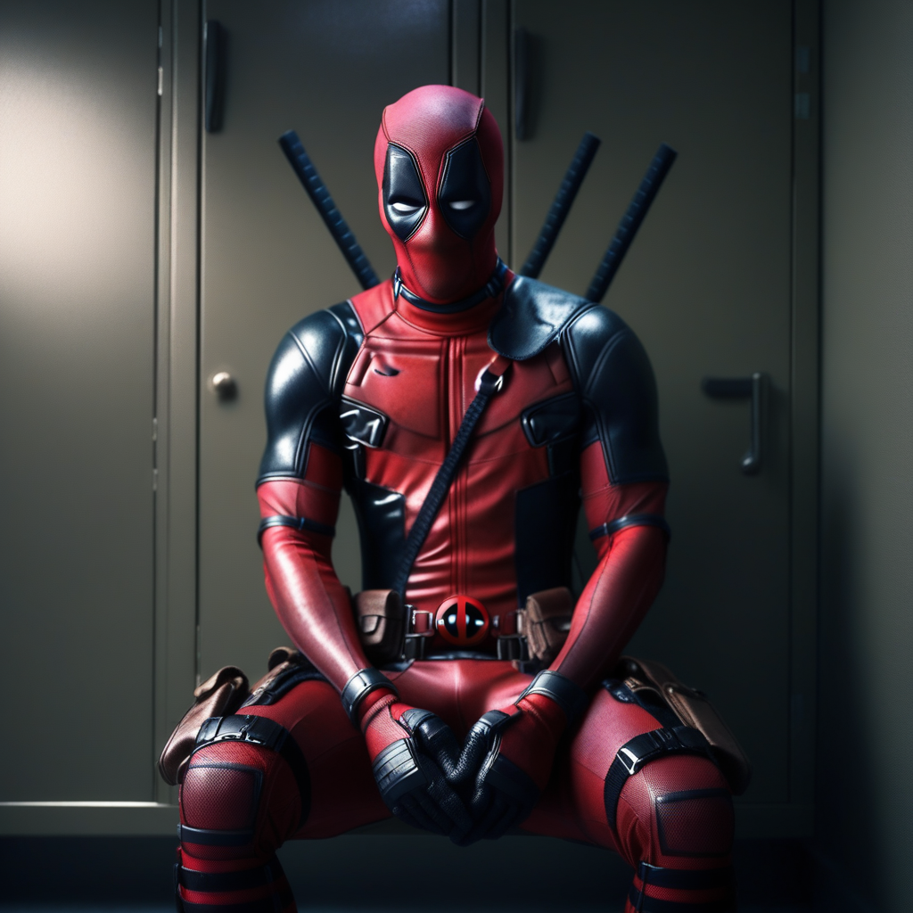 1boy, Deadpool, bodysuit, sitting, in locker room, dramatic lighting, high detail