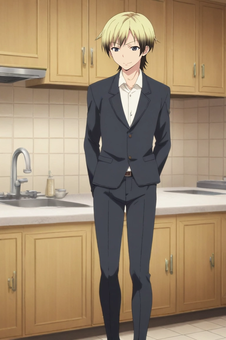 score_9, score_8_up, score_7_up, source_anime, rating_safe, intricate details, (3d:0.4), , , 1boy, solo, male focus, <lora:kodaka_hasegawa_pony:0.94>, kodaka_hasegawa, blonde hair, black eyes, short hair, multicolored hair, two-tone hair, black hair, wide angle, wide shot, full body, kitchen, midnight, the pose, smirk, suit,, <lora:sdxl_lightning_8step_lora:1>