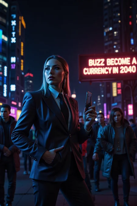 real photo, cinematic, (bubble text that says "BUZZ BECOMES A CURRENCY IN 2040"), a successfull businesswoman in a suit IN A CYBERPUNK NEON LIT CITY AT NIGHT