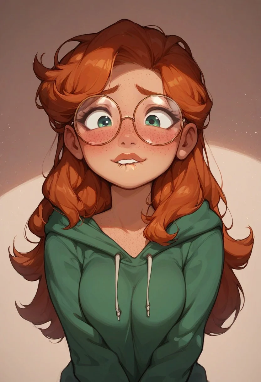 score_9, score_8_up, score_8, score_7, score_6, Expressiveh, easynegative, ipalpua, (sexy, hot, cute, ginger, ginger hair, round face, cute, nerd, nervous, freckles, perfect face, large round glasses), face focus, blush, intense red blush:1.3, biting lip, lip biting, hoodie, long hair, gamergirl, egirl, large bust, V arms:1.3,