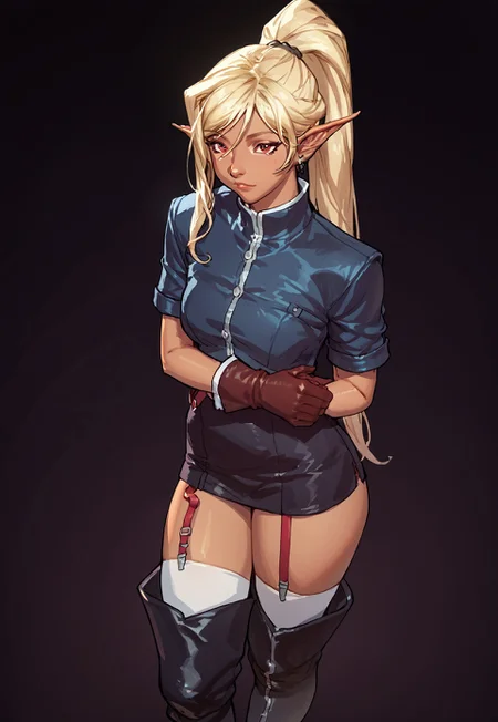 score_9, score_8_up, score_7_up, traditional art, 1 girl, solo, chloe, dark_skin, blonde_hair, pointy_ears, elf, long_hair, dark_elf, ponytail, gloves, red_eyes, thighhighs, boots 