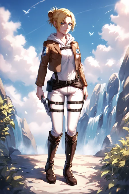 score_9, score_8_up, score_7_up, BREAK source_anime, <lora:annie leonhardt-PonyXL-lora-Faxtron:0.8> annie leonhardt, single hair bun, white hoodie, open cropped brown jacket, white pants, survey corps \(emblem\), boots,