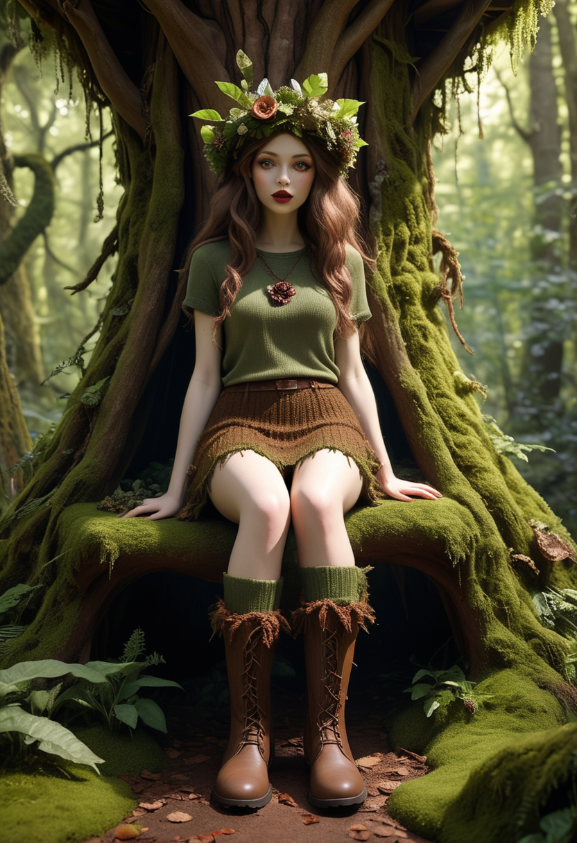 (medium full shot) of (radiant dryad) forest spirit, adorned in bark brown knitted nature shirt, moss skirt, knitted boots, flower petal lipstick, flower crown, set in  a serene treehouse, with soft furnishings, peaceful surroundings, a gentle breeze, the sound of leaves rustling , ,Masterpiece,best quality, raw photo, realistic, very aesthetic, dark