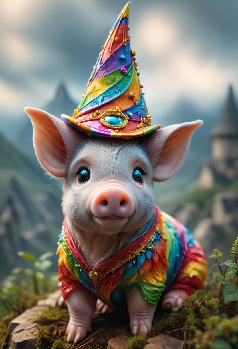 (((award winning photo))) of a baby pig who wears a colorful pointed hat and sits on a hill,(sharp focus:1.2),DOF,(masterpiece, best quality),(sharp focus:1.2),(photorealistic),(intricate details),unity 8k wallpaper,ultra detailed,