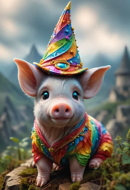 (((award winning photo))) of a baby pig who wears a colorful pointed hat and sits on a hill,(sharp focus:1.2),DOF,(masterpiece, best quality),(sharp focus:1.2),(photorealistic),(intricate details),unity 8k wallpaper,ultra detailed,
