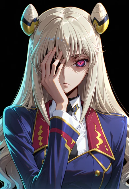 masterpiece, best quality, amazing quality, very aesthetic, absurdres, newest, detailed eyes,, A professional, high-quality,, code geass, <lora:ALTXLpony_063_8:1.0> <lora:Smooth Booster:0.5>
1girl, slender, medium breasts, Leila Malcal,, uniform, blue jacket, long sleeves, collared shirt, necktie,, double bun, cone hair bun, blonde hair, long hair, hand on own face, (one eye covered:1.2), use geass, (blue geass:1.2), (detailed use geass:1.2), one eyed geass,, (expressionless),, standing, face focus, upper body, solo,, (black background, simple background), <lora:Leila_Malcal_Code_Geass_Akito_the_Exiled_-_Illustrious:0.8> <lora:Geass_use_geass:1.0>