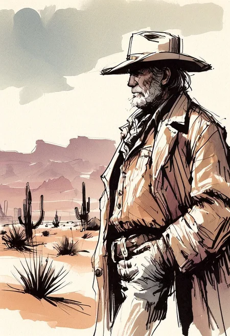 inksketch,
an old cowboy in a duster standing alone in the desert,