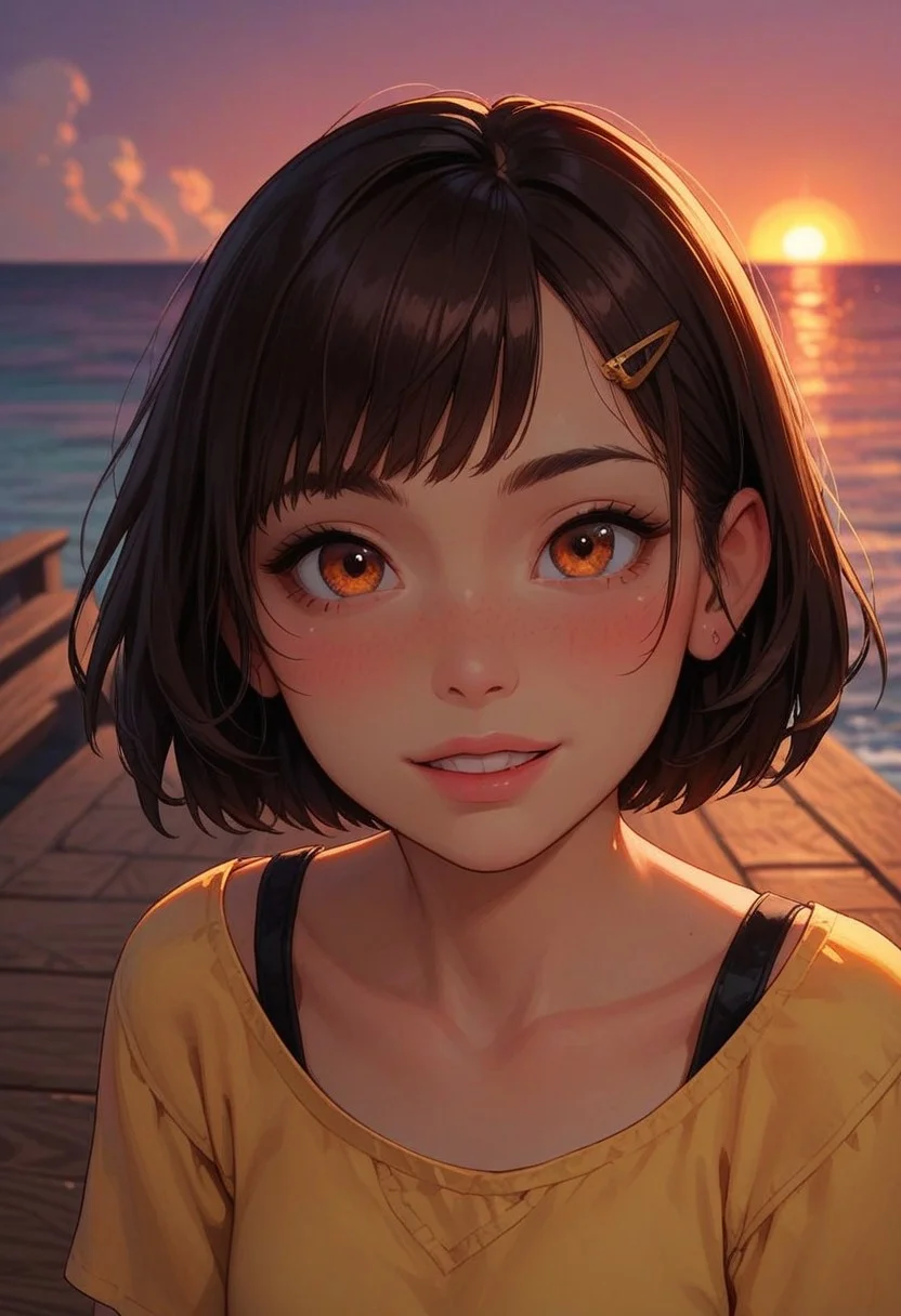 score_9_up, score_8_up, score_7_up, score_6_up, 1girl, 25 years old, perfect face, cute, petite, adult,
detailed face, portrait, face focus, depth of field, looking at viewer, blush, shy smile, (close up),
orange eyes,
brown hair, short hair, bob cut, hair ornament, hairclip,
yellow shirt,
pier, ocean, sunset,