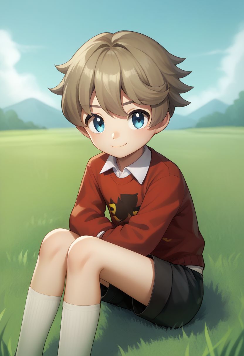 score_9, score_8_up, score_7_up, source_anime, highly detailed, 1boy, solo, cute,
youngster, 1boy, male focus, blue eyes, solo, brown hair, collared shirt, bangs, closed mouth, smile, stand, shorts, socks, 
outdoor, grass, sky,