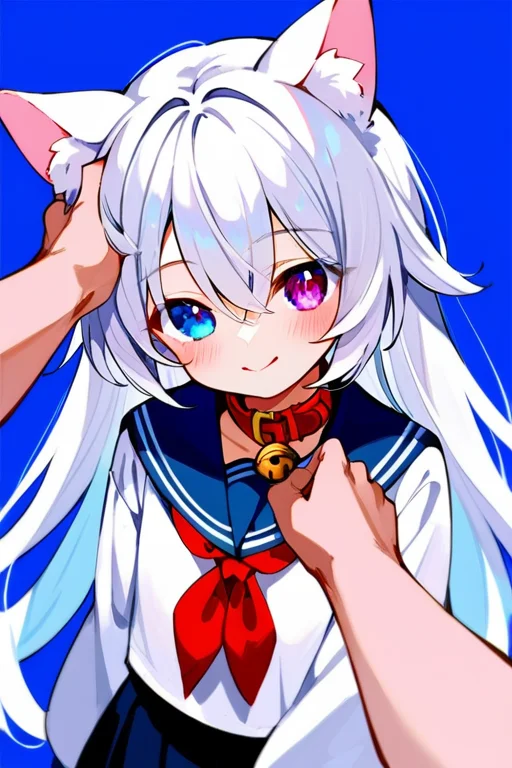 zPDXL3, score_9, score_8_up, score_7_up, heterochromia, younger, white hair, 1girl, animal ears, bangs, bell, blush, bow, closed mouth, collar, eyebrows visible through hair, hair between eyes, headpat, jingle bell, long hair, long sleeves, neck bell, out of frame, pov, purple eyes, red bow, sailor collar, school uniform, shirt, silver hair, blue background, smile, solo focus, tail, very long hair, <lora:Shiro:1>,
