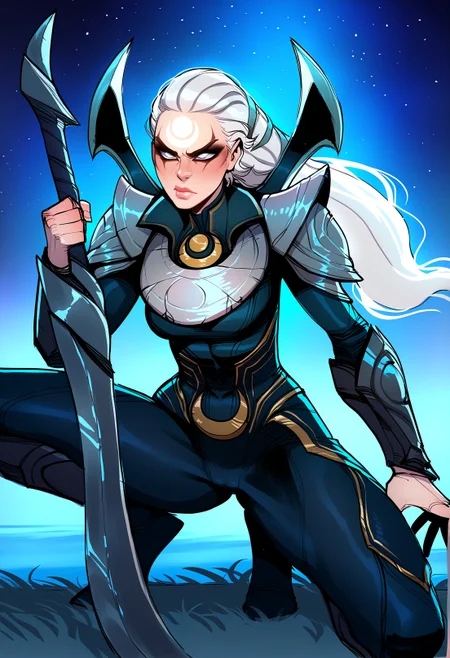 masterpiece,  incase, ratatatat74, bbc-chan,1girl, diana \(league of legends\), league of legends, solo, crescent facial mark,forehead mark, nose, facial mark, white eyes, long hair, white hair, bodysuit, armor, sythe, holding sythe, diana's sythe, crouching, serious, night, scenery,