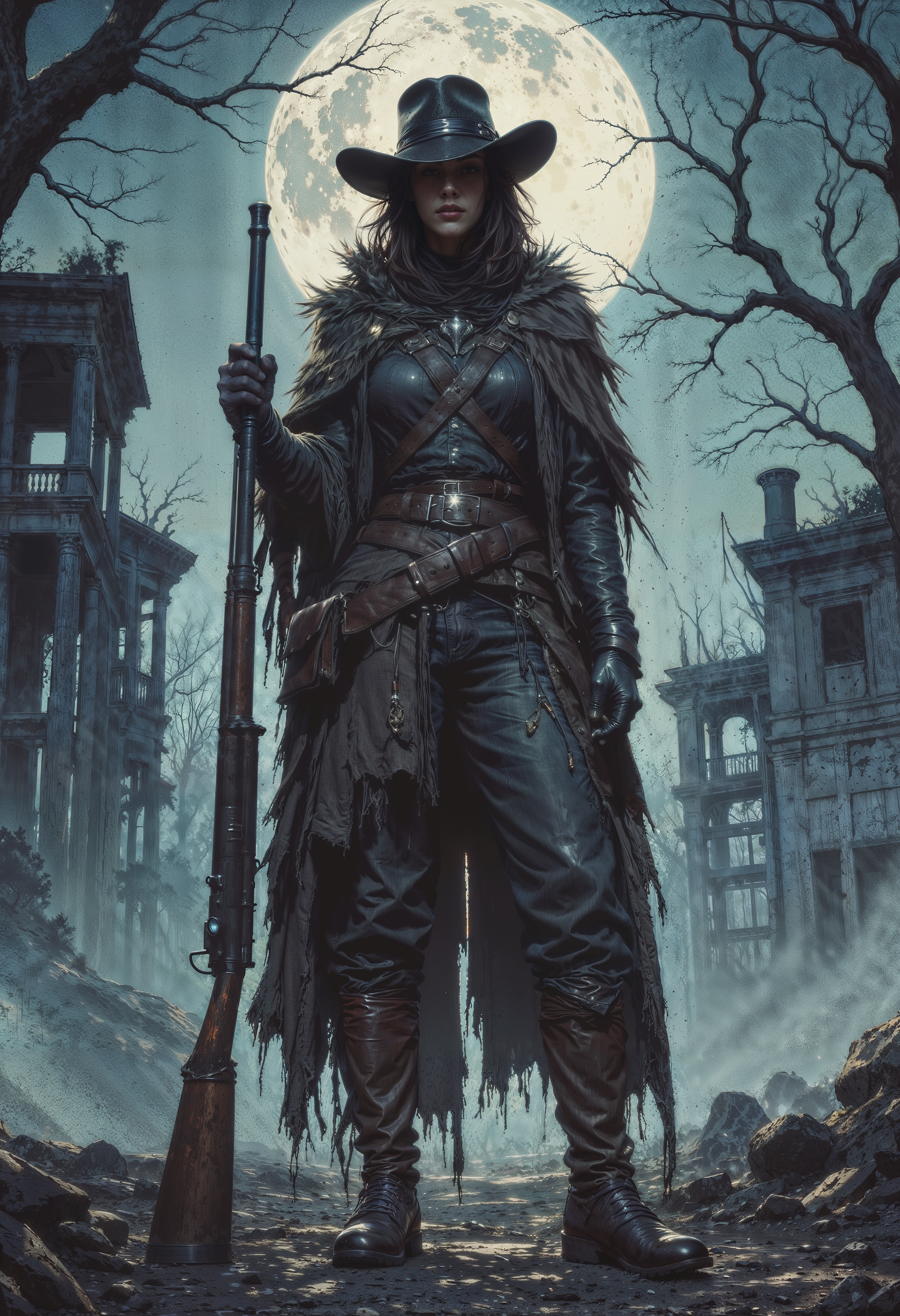 a digital artwork depicting a lone figure standing in a desolate, eerie landscape. The central figure is a female character dressed in dark, tattered, and weathered clothing, including a long, ragged cloak that billows around her. She wears a wide-brimmed hat adorned with a feather, casting a shadow over her face, which remains obscured. Her attire includes a belt with pouches and a holstered pistol on her right hip, indicating a rugged, possibly adventurous or lawman persona.
She holds a large, double-barreled shotgun in her right hand, resting it on the ground. Her boots are heavy and worn, suggesting extensive use. The background is a nightmarish, foggy forest with bare, twisted trees that create a menacing, haunted atmosphere. In the distance, faintly visible, are dilapidated, dark-colored buildings with broken windows and crumbling walls, enhancing the sense of abandonment.
The sky is a deep, foreboding blue, with a full moon casting an eerie glow, illuminating the scene with an unsettling light. The ground is uneven and littered with debris, adding to the overall sense of decay. The artwork combines elements of horror and fantasy, creating a visually striking and emotionally charged image. <lora:FluxMythG0thicL1nes:0.6> <lora:FluxMythR3alisticF:0.5> <lora:RetroAnimeFluxV1:0.6> <lora:OB半写实肖像画V2.0:0.6>