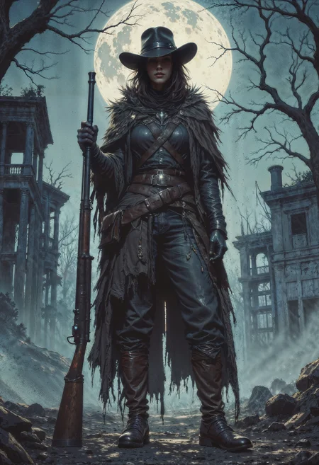 a digital artwork depicting a lone figure standing in a desolate, eerie landscape. The central figure is a female character dressed in dark, tattered, and weathered clothing, including a long, ragged cloak that billows around her. She wears a wide-brimmed hat adorned with a feather, casting a shadow over her face, which remains obscured. Her attire includes a belt with pouches and a holstered pistol on her right hip, indicating a rugged, possibly adventurous or lawman persona.
She holds a large, double-barreled shotgun in her right hand, resting it on the ground. Her boots are heavy and worn, suggesting extensive use. The background is a nightmarish, foggy forest with bare, twisted trees that create a menacing, haunted atmosphere. In the distance, faintly visible, are dilapidated, dark-colored buildings with broken windows and crumbling walls, enhancing the sense of abandonment.
The sky is a deep, foreboding blue, with a full moon casting an eerie glow, illuminating the scene with an unsettling light. The ground is uneven and littered with debris, adding to the overall sense of decay. The artwork combines elements of horror and fantasy, creating a visually striking and emotionally charged image. <lora:FluxMythG0thicL1nes:0.6> <lora:FluxMythR3alisticF:0.5> <lora:RetroAnimeFluxV1:0.6> <lora:OB半写实肖像画V2.0:0.6>