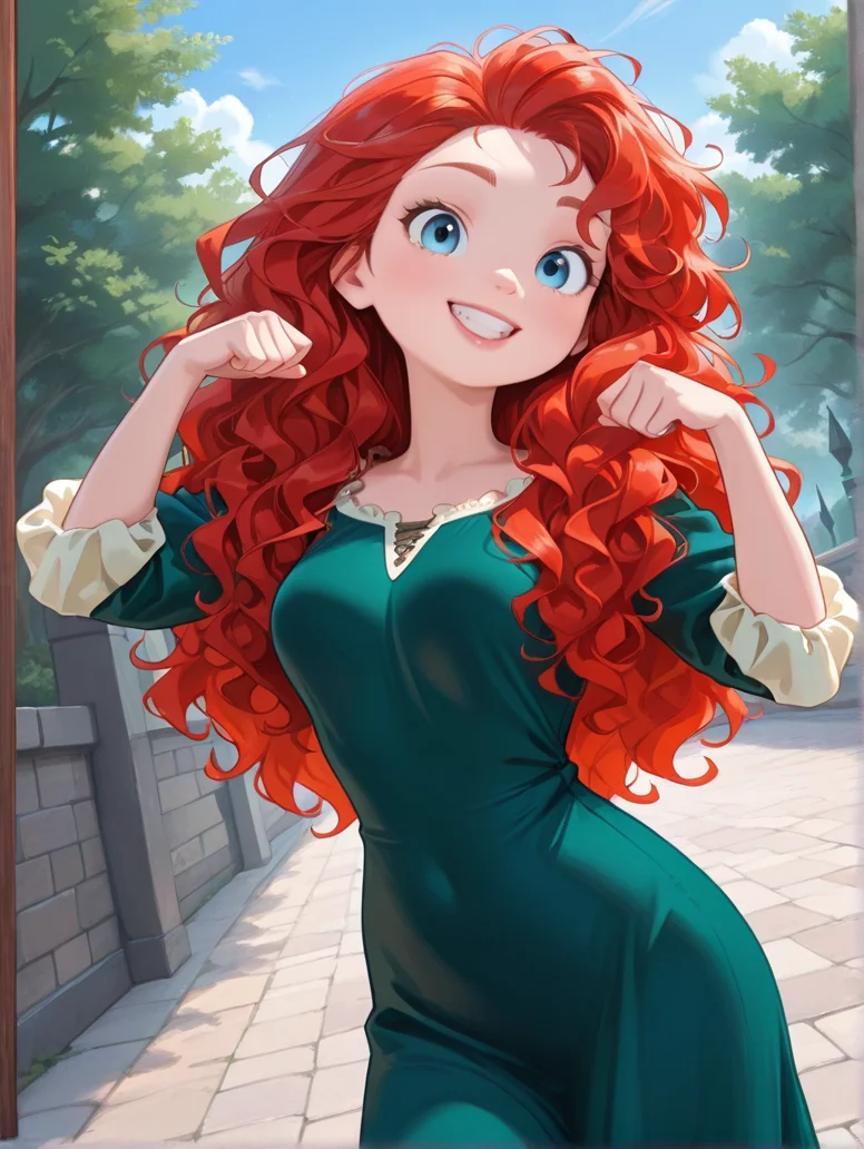 masterpiece, best quality, amazing quality, very aesthetic, absurdres, newest, detailed background, outdoors, dynamic angle, cowboy shot, 4k,8k
meridaxd, 1girl, solo, long hair, red hair, blue eyes, smile, cute pose, green dress, curly hair, looking at viewer, medium breasts, lips, teeth,
<lora:Merida_-_Disney_Illustrious:1>