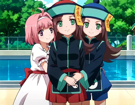 <lora:MintYanAn_pony_1-000040:0.8> 3girls, multiple girls, trio, looking at viewer, anime screencap, smile, hug,
mint clark, hairband, white dress,
anan, red hat, chinese clothes, ofuda, skirt,
yanyan, blue hat, chinese clothes, ofuda, shorts,