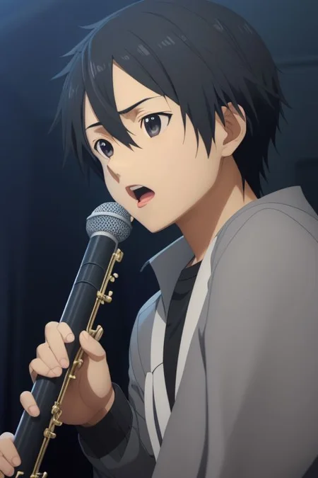 high resolution, solo, best quality, 1Boy, Kazuto Kirigaya, portraits, Black Hair, Black Eyes, singing, portrait, dept of field, virtual concert, playing musical instrument, OverallDetail
