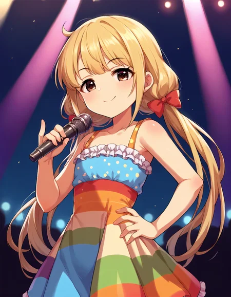 score_9,score_8_up,score_7_up,1girl,solo,cowboy shot,looking at viewer,smile,(smug:0.6),closed mouth,hand on hip,holding microphone,stage lights,
<lora:futabaanzu_ponyXLV6:0.8>,cgfa,
blonde hair,low twintails,brown eyes,flat chest,
hair bow,rainbow dress,frills