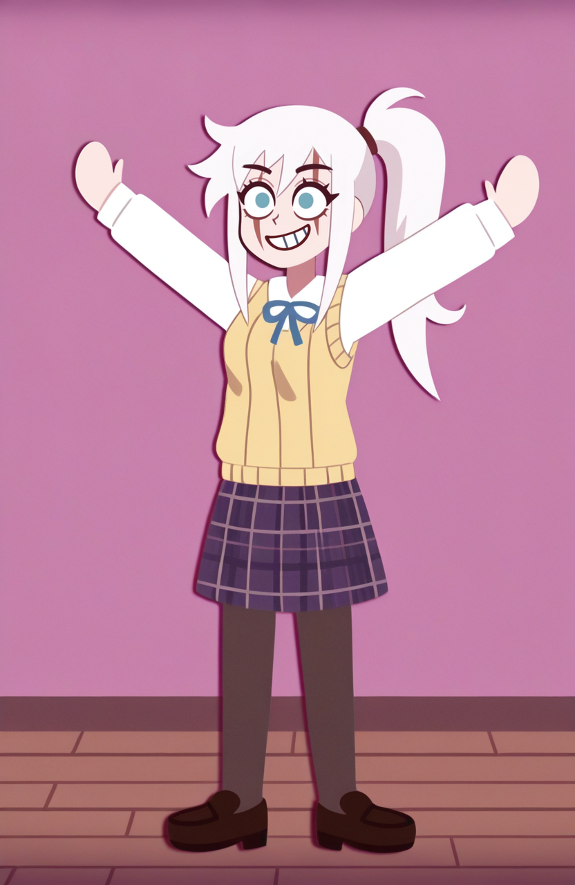 1girl, solo,
white hair, blue eyes, long hair, petite, small breasts, scar across eye, vintage schoolgirl outfit, sweater vest, plaid skirt, pantyhose, loafers, side ponytail, standing, arms open wide, exuberant smile, delighted expression, radiant aura,
 <lora:GrittySugar:1> grittysugar, extremely detailed, highres, masterpiece, best quality