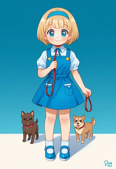 score_9, score_8_up, score_7_up, highly detailed, DSCStyle, 
pst006, female cyborg, Alice from Wonderland with mechanical small dog walking beside on leash in parkland,  fantasy aesthetic, DSCStyle, round eyes, exaggerated proportions, cartoonish features, anime-inspired, cute aesthetics, cartoonish proportions, stylized anatomy, soft shading, warm color palette, semi-flat coloring, vibrant tones, warm and inviting tones, playful expressions, expressive poses, minimal texture, polished finish, whimsical atmosphere, smooth lines, glossy highlights, minimal detail, clean outlines, consistent line weight, gentle highlights, simple clothing designs, soft gradient backgrounds, focus on facial expressions