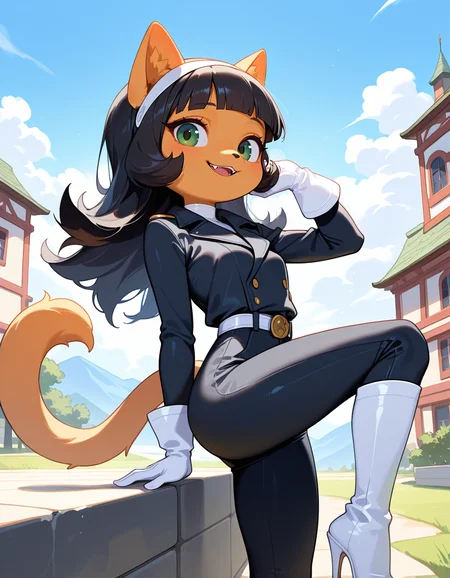masterpiece, best quality, very aesthetic, absurdres,
outdoors, posing, 
white gloves, white high heel boots, black pants, black jacket, long sleeves, 
smile, parted lips, fangs, 
<lora:Kitty_Katswell_v01_NAIXL:1>
K1tty_Kat6w3311, 1girl, solo, furry, furry female, animal ears, long hair, black hair, hairband, blunt bangs, flipped hair, green eyes, animal nose, body fur, orange fur, cat tail,