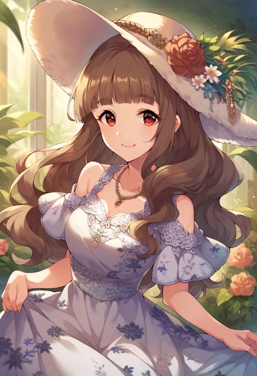 score_9, score_8_up, score_7_up, score_6_up, score_5_up, score_4_up,kamiya nao, brown hair, long hair, red eyes,  1girl, hat, solo, necklace, smile, jewelry, dress, looking at viewer, floral print, shoulder cutout, hair over shoulder