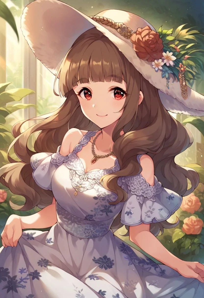 score_9, score_8_up, score_7_up, score_6_up, score_5_up, score_4_up,kamiya nao, brown hair, long hair, red eyes, 1girl, hat, solo, necklace, smile, jewelry, dress, looking at viewer, floral print, shoulder cutout, hair over shoulder